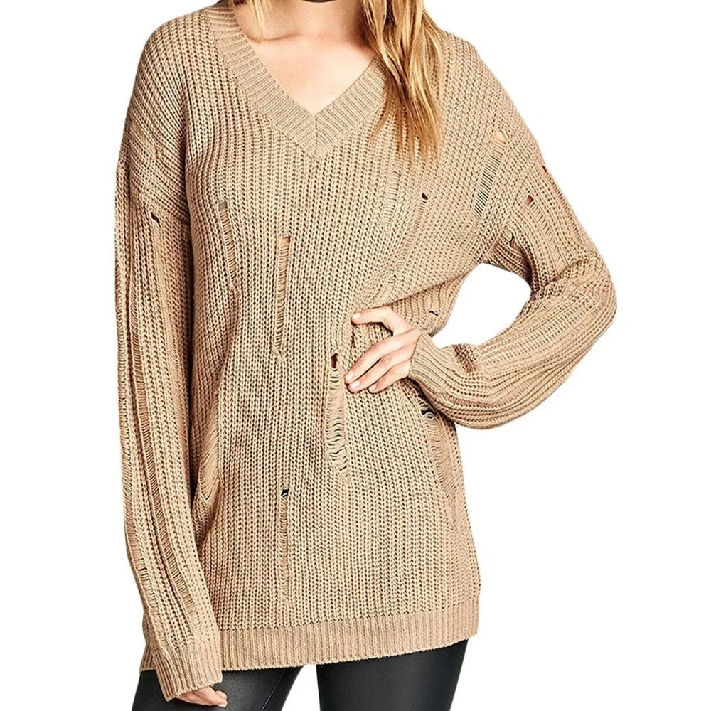 NWOT Distressed Dropped Long Sleeve Sweater in Khaki